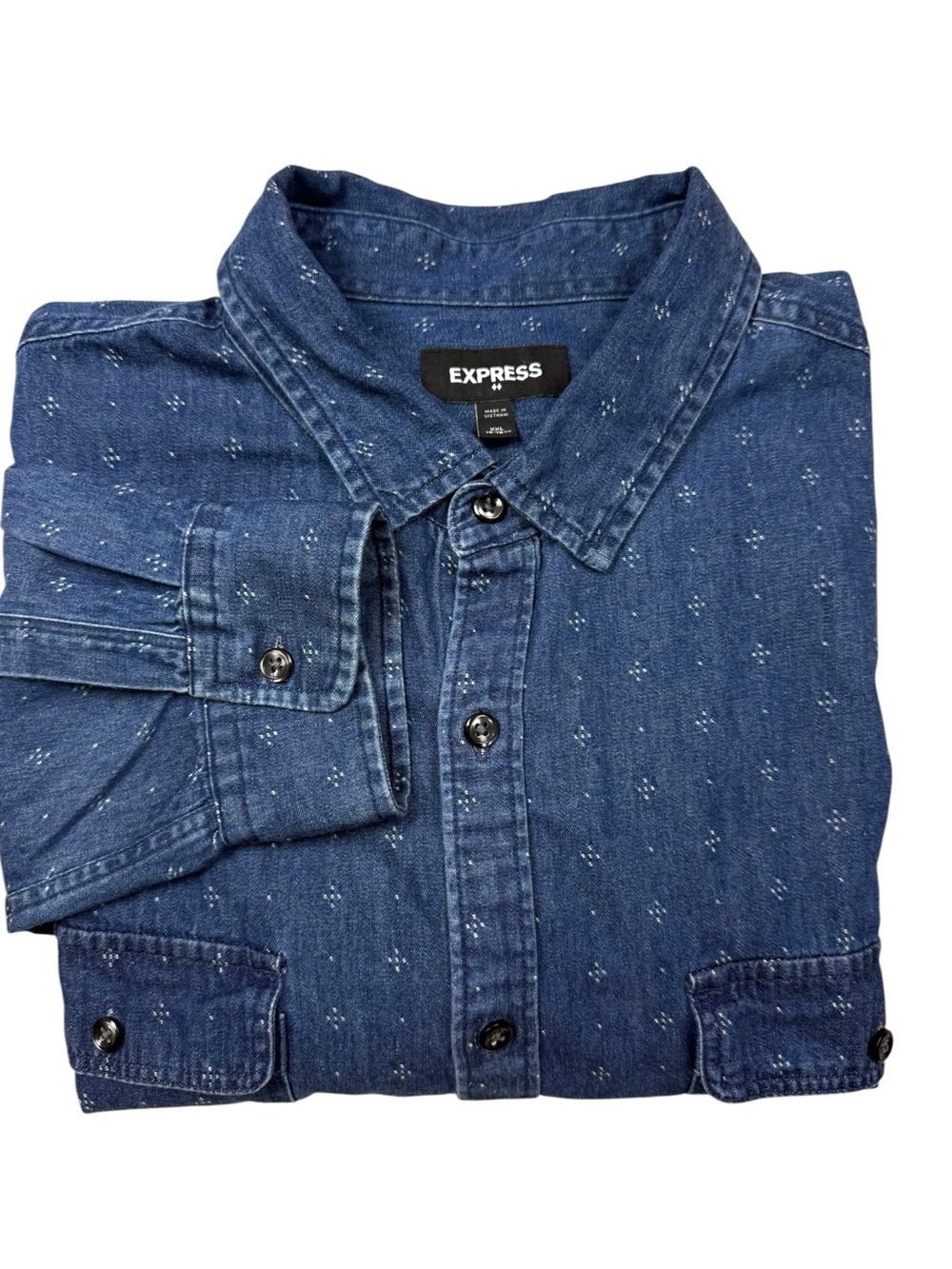 Express Men's Dark Blue Denim Shirt with Subtle Dot Pattern